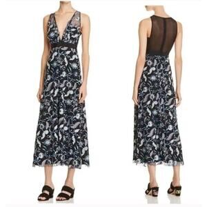Sandro Sz 2 Floral Embroidered Midi Dress Tulle Blueshine Sleeveless